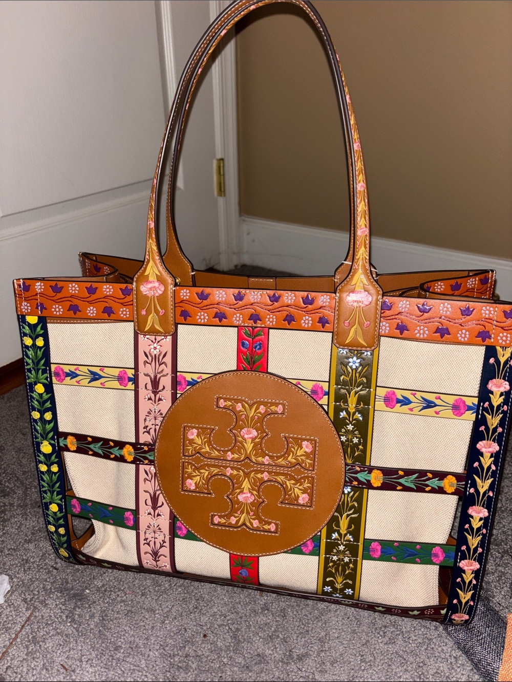 Tory Burch Floral Embroidered Cream Canvas Tote with Brown Trim - Picture 2 of 12
